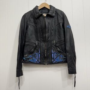 Harley Davidson Evening Star Tribal Embroidered Black Leather Motorcycle Jacket
